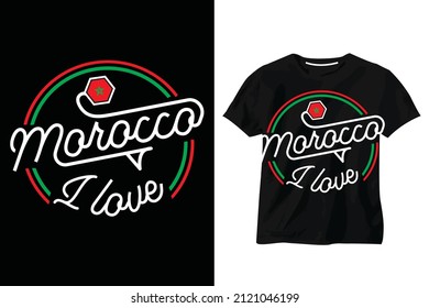 Graphic t-shirt. logo i love morocco plus arabesque shape printed for t-shirt clothing. Moroccan flag. Typography Vector illustration. Isolated logo as a rubber stamp. t-shirt mockup. 