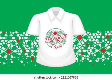 Graphic T-shirt. Logo I Love Morocco Plus Arabesque Shape Printed For T-shirt Clothing. Moroccan Flag. Typography Vector Illustration. Isolated Logo As A Rubber Stamp. T-shirt Mockup. 