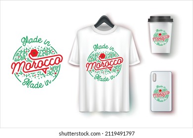 Graphic T-shirt. Logo Made In Morocco Plus Arabesque Shape Printed For T-shirt Clothing. Moroccan Flag. Typography Vector Illustration. Isolated Logo As A Rubber Stamp. T-shirt, Cup And Phone Mockup.