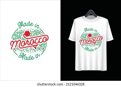 Graphic T-shirt. Logo Made In Morocco Plus Arabesque Shape Printed For T-shirt Clothing. Moroccan Flag. Typography Vector Illustration. Isolated Logo As A Rubber Stamp. T-shirt Mockup. 