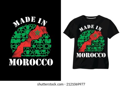 Graphic t-shirt. logo made in morocco plus arabesque shape printed for t-shirt clothing. Moroccan flag. Typography Vector illustration. logo as a rubber stamp. t-shirt mockup. Black background