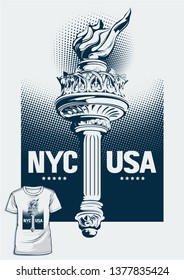 Graphic T-Shirt For Print, Silkscreen 1 Block One Color Printing, Torch of the Statue of Liberty, vector illustration.