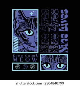 Graphic t-shirt, with text, nine lives. head cat illustration, design for t-shirt, stylish print for streetwear, urban streetwear, isolated on black background