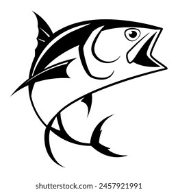 Graphic of a tuna hunting for prey. black sea fish painting, vector