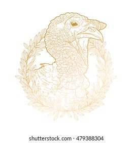 Graphic turkey head decorated with olive wreath. Thanks giving day vector art in golden colors