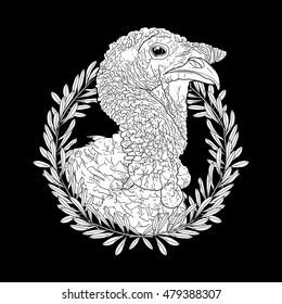 Graphic turkey head decorated with olive wreath. Thanks giving day vector art in black and white colors. Coloring book page design for adults and kids