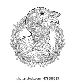 Graphic turkey head decorated with olive wreath. Thanks giving day vector art in black and white colors. Coloring book page design for adults and kids