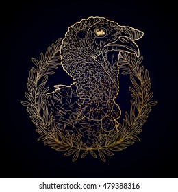 Graphic turkey head decorated with olive wreath. Thanks giving day vector art in golden colors