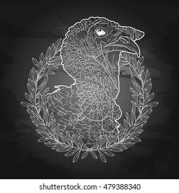 Graphic turkey head decorated with olive wreath. Thanks giving day vector art in black and white colors. Holiday card on the chalkboard background