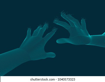 graphic of two dotted hand reaching to each other, concept of virtual reality technology