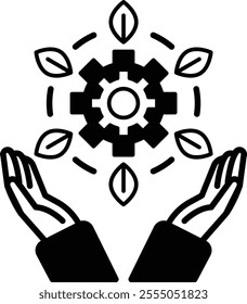 A graphic of two hands holding a gear with leaves surrounding it