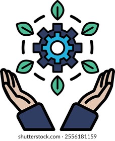 A graphic of two hands holding a gear with green leaves surrounding it. Concept of protection and support, as the hands are reaching out to hold the gear