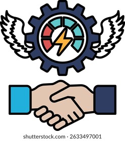 A graphic of two hands shaking with a gear in the background. The gear is surrounded by a circle with a lightning bolt in the middle. Concept of collaboration and teamwork