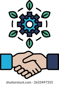 A graphic of two hands shaking with a gear in the background. The idea is that the gear represents the business or industry that the two people are working in. Scene is professional and serious