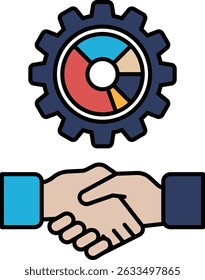 Un gráfico de dos manos temblando con un engranaje en el fondo. La idea es que el equipo representa el negocio o la industria en la que las dos personas se están dando la mano