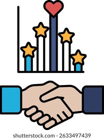 A graphic of two hands shaking with a heart and stars above them. The graphic is meant to represent a positive and successful collaboration