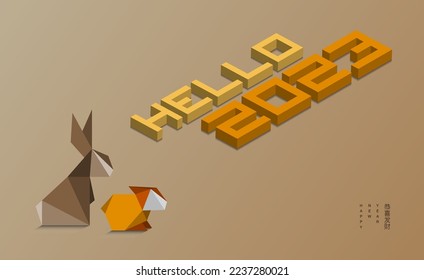 Graphic of two origami rabbits with 3D text hello 2023 on gradient background and happy new year also chinese text
