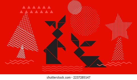 Gráfico de dos conejos en la ilustración de forma tangramo con varios patrones geométricos en rayas, patrón de puntos polka también muchas formas de línea