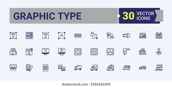 Graphic Type icon collection. Includes icons for project, Typography, idea, process, brain, artist, portfolio, photo, element. Minimal icon. Modern vector illustration.