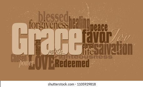 Graphic typographic montage illustration of the Christian concept of Grace composed of associated words and defining words. An inspirational contemporary design.