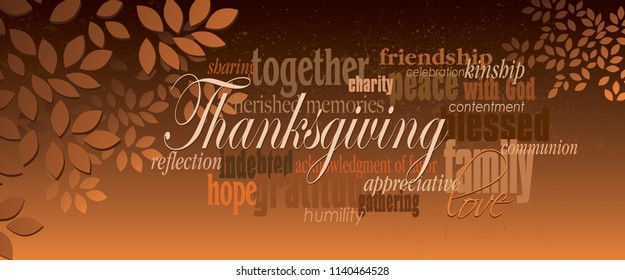 Graphic typographic montage illustration of the word Thanksgiving composed of associated terms and defining words in neutral tones. An inspirational, uplifting contemporary design.