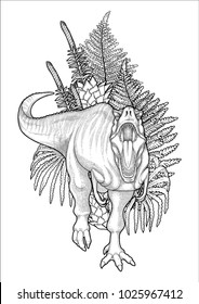 Graphic Tyrannosaurus Rex decorated with prehistoric plants. Vector dinosaur drawn in engraving technique. Coloring book page design. Predator animal of the prehistoric period