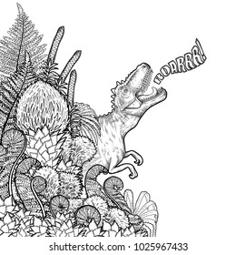 Graphic Tyrannosaurus Rex decorated with prehistoric plants. Vector dinosaur drawn in engraving technique. Coloring book page design. Predator animal of the prehistoric period