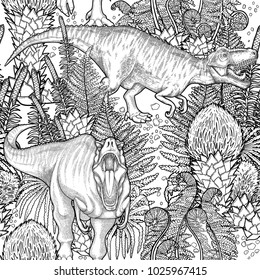 Graphic Tyrannosaurus Rex decorated surrounded by prehistoric plants. Vector seamless pattern with dinosaurs drawn in engraving technique. Coloring book page design. Predator of the jurassic age