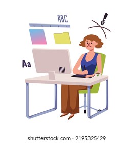 Graphic and UI designer freelancer female character, flat vector illustration isolated on white background. Digital artist or designer sitting at desk and working.