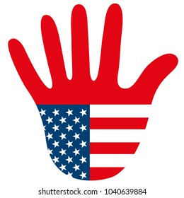 Graphic USA hand as stop sign symbolizes United States of America puts toll and custom on foreign goods and closes borders for immigrants as isolated vector illustration