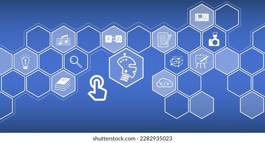 Gráfico para el uso de IA - Inteligencia Artificial. Iconos brillantes en formato vectorial en una red de peines de miel en azul.