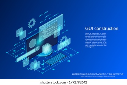 Graphic user interface construction, application development, website design flat isometric vector concept illustration