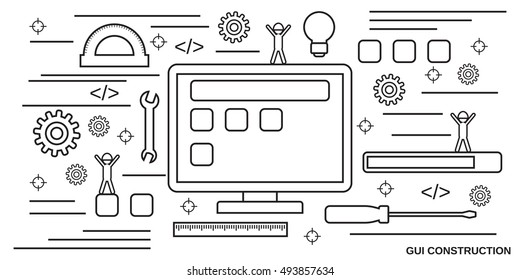 Graphic user interface construction, application development, website design thin line style vector web banner template