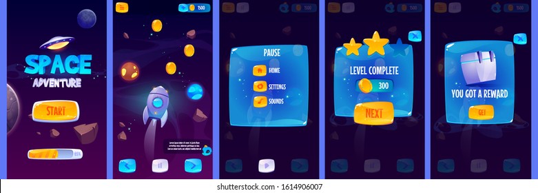 Graphic user interface for space adventure game. Vector set of gui app screens with glossy menu buttons and icons, panel with pause and reward, start banner and futuristic background with rocket