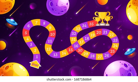 Graphic user interface for space adventure game. Template for children's board game. Vector background with funny rocket and cute planets.