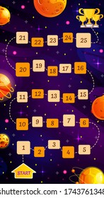 Graphic user interface for space adventure game. Template for children's board game. Vector background with funny and cute planets.