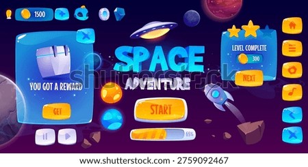 Graphic user interface for space adventure game. Vector screen of app gui design with glossy menu buttons and icons, panel with level and assets, start banner and background with rocket and planets