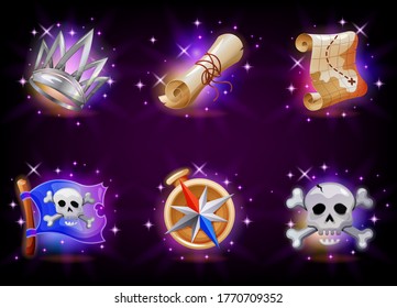 Graphic user interface video game icons set. Pirate flag, skull, black label, undead king crown, scroll, treasure map, compass. Mobile application vector illustration collection cartoon style