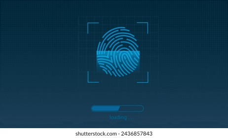 Gráfica de un dispositivo que utiliza una moderna pantalla biométrica de escaneo de huellas dactilares con una barra de carga digital, interfaz cifrada para un control de acceso seguro y verificación de identificación y ciberseguridad.