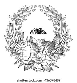 Graphic vanilla flowers and coconut. Floral wreath. Vector natural decorations isolated on white background. Coloring book page design for adults and kids