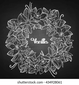 Graphic vanilla wreath. Vector floral decoration isolated on chalkboard