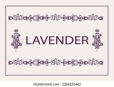 Graphic vector abstract illustration of lavender flowers Provence style. Frame with text for decoration, stickers.