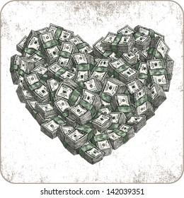 Graphic vector artwork illustrating heart made of dollars.