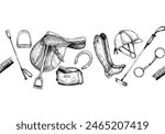 Graphic vector banner or template with illustration of horse saddle, horseshoe, helmet, snaffle, boot, whip . Boot, helmet. Hand painting. Horse equipment, for horse sport, riding