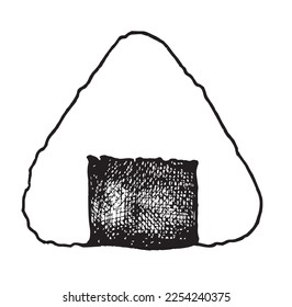 Graphic vector black and white image of Asian rice sandwich onigiri in sketch style, for menu decor, sticker, coloring, embossing