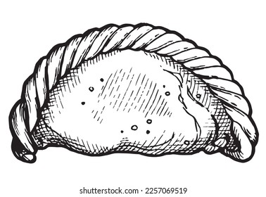 Graphic vector black and white image of Asian fried dumpling gyoza in sketch style, for menu decor, sticker, coloring, embossing
