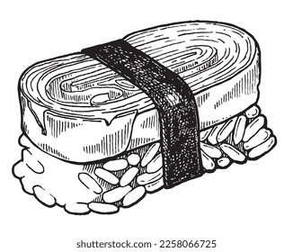 Graphic vector black and white image of sushi with scramble in sketch style, for menu decor, stickers, coloring, embossing