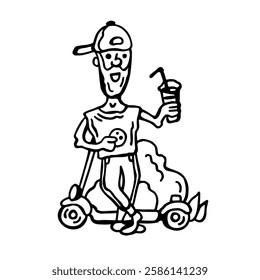 Graphic vector black and white image of a young guy with an electric scooter, smoothie, cookies and in a cap on a white isolated background