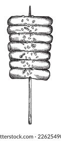 Graphic vector black-and-white image of a kebab of topkoke in spicy sauce and sesame, traditional Asian food, street food; sticker, postcard, coloring
