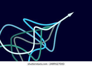 Graphic vector of blueand green color ropes converging into arrows isolated on dark background, Arrow in same direction for rising to success